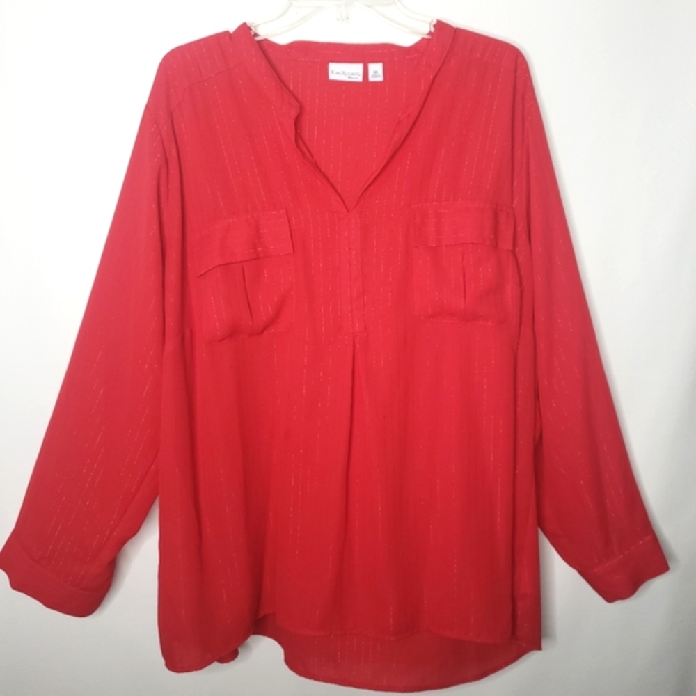 Kim Rogers Woman Red Chiffon Blouse Roll Tab Sleeves Plus Size 3X